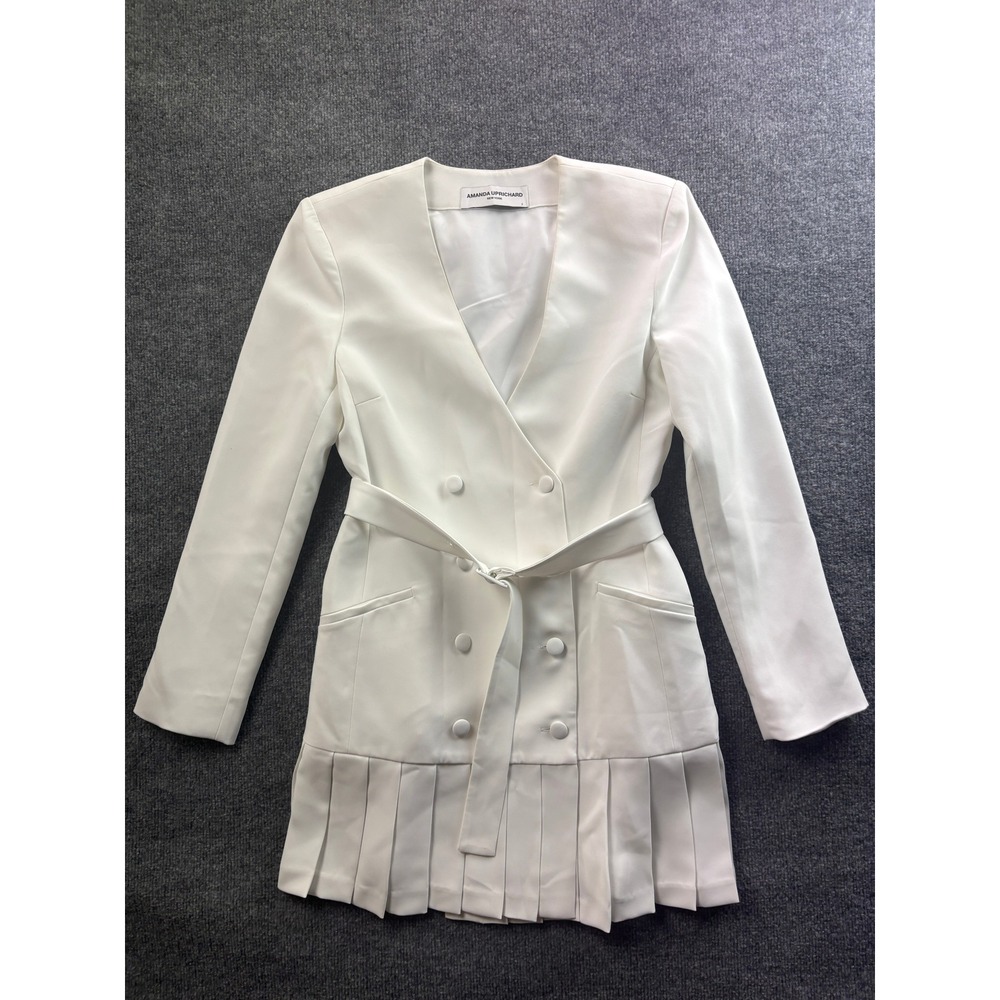 Amanda Uprichard Blazer Dress Womens Size S White Pleated Belted Double Breasted